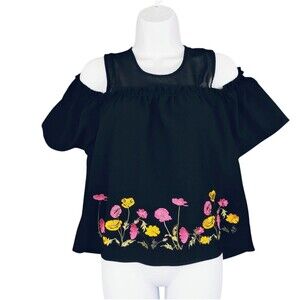 Black Silk Baby Doll Embroidered Top Size S Off Shoulder Flutter Sleeve Netting